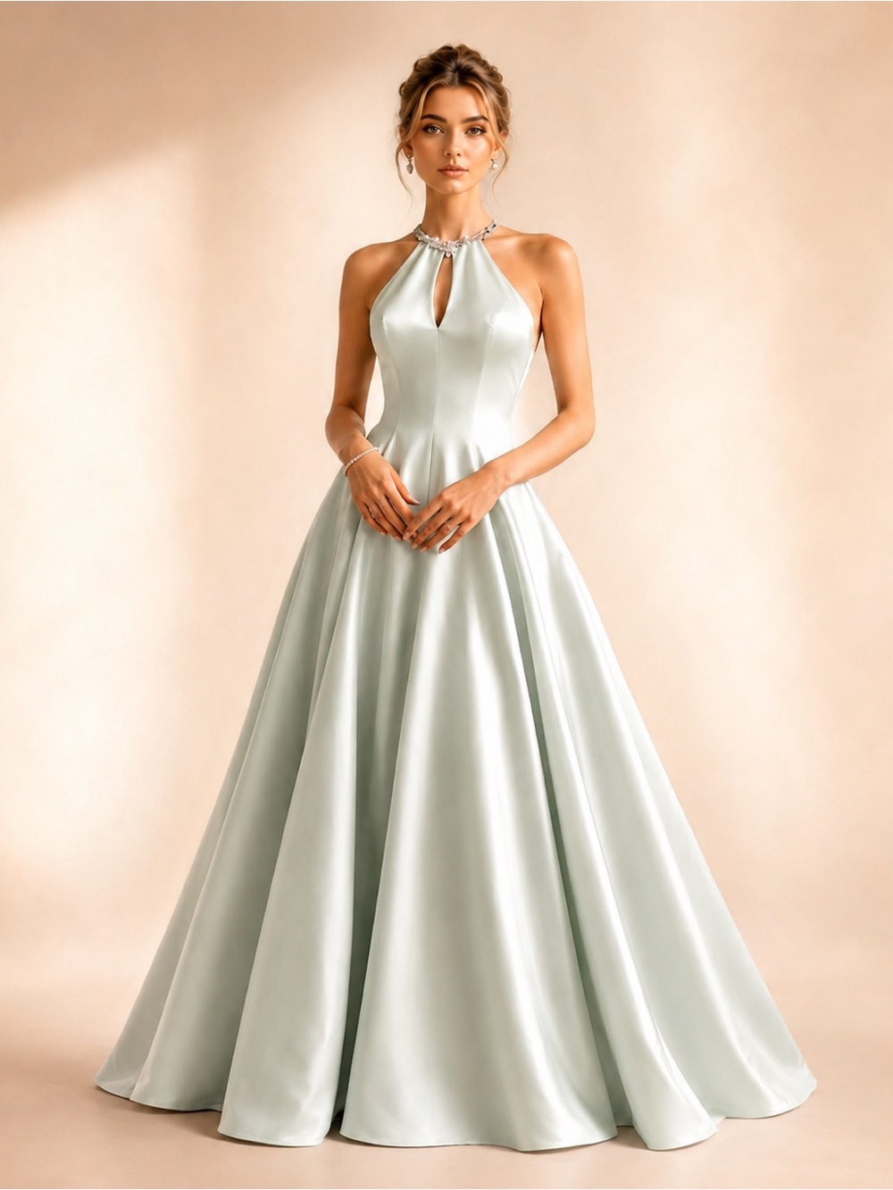 Scott McClintock Mint Mineral Green Satin Halter Gown Jewel Neck Prom Sz 8